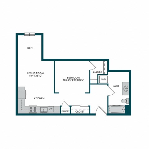Floor plan for studio, 1 bath, 589 sqft